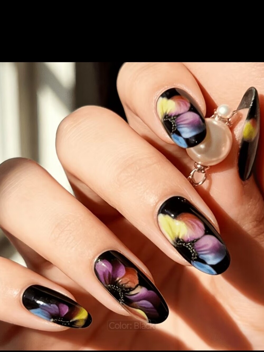 🔥3/$21 Black Floral Accent Press-On Nails - Multicolor Petal Design